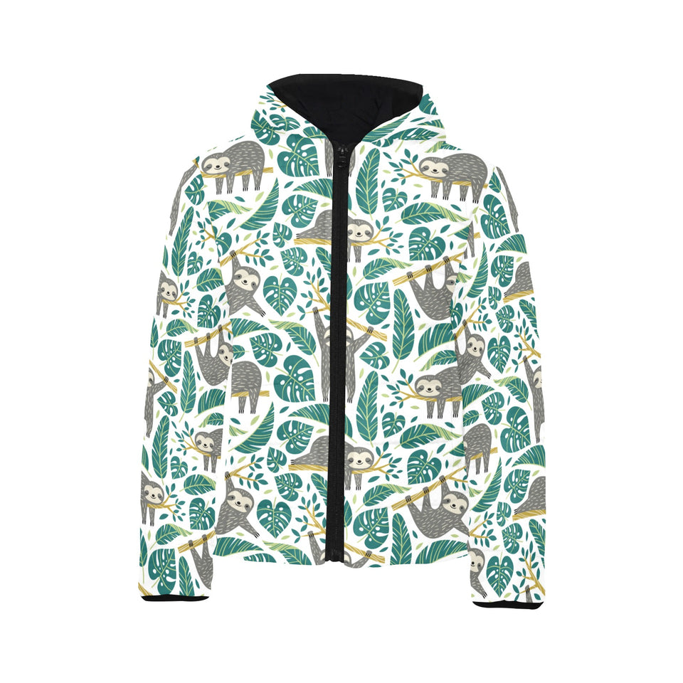 Cute sloths tropical palm leaves white background Kids' Boys' Girls' Padded Hooded Jacket