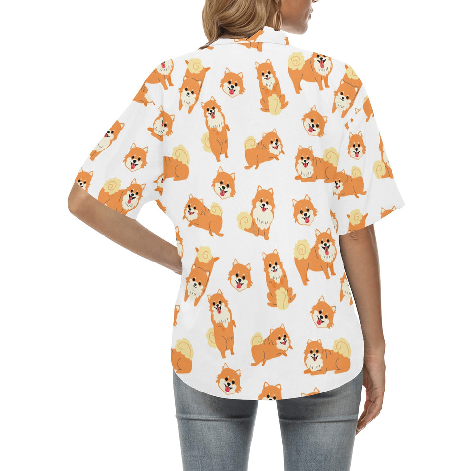 Brown pomeranian pattern Women's All Over Print Hawaiian Shirt