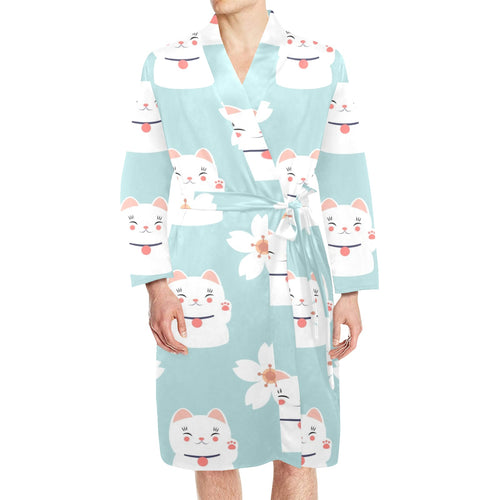 Maneki neko cat sakura Men's Long Sleeve Belted Night Robe