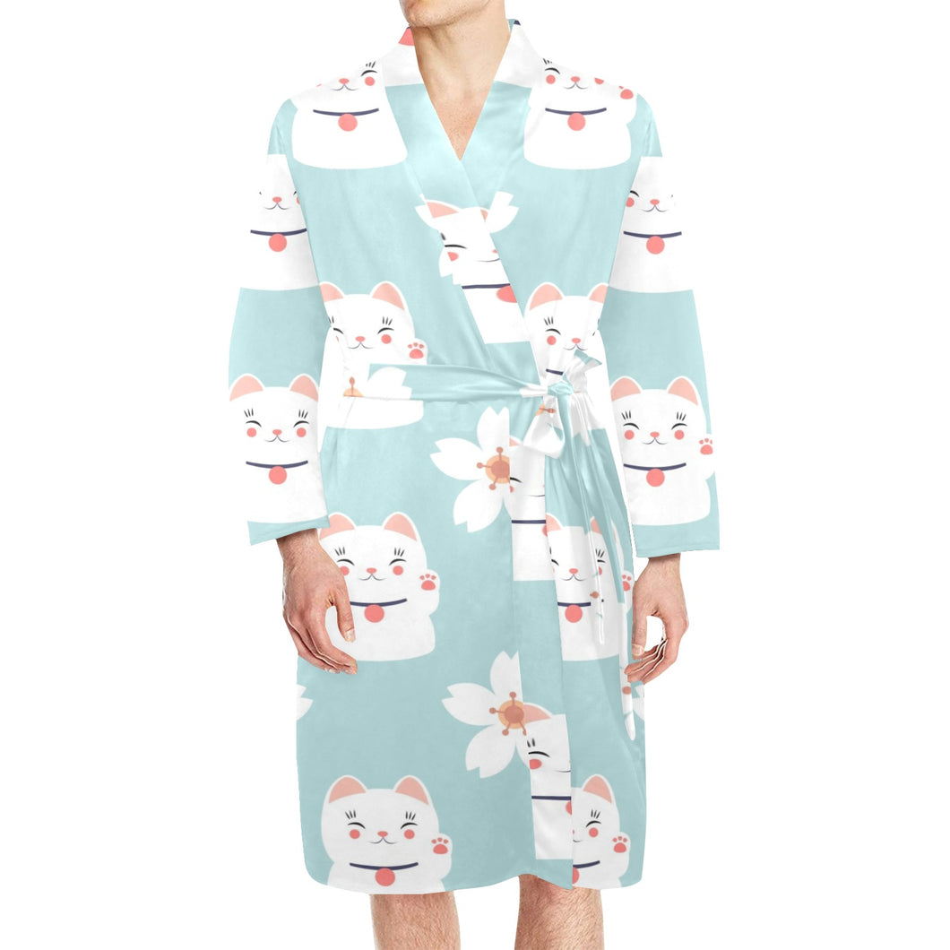 Maneki neko cat sakura Men's Long Sleeve Belted Night Robe