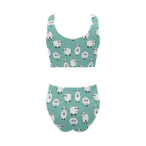 Cute sheep green background Chest Bowknot High Waisted Bikini Swimsuit