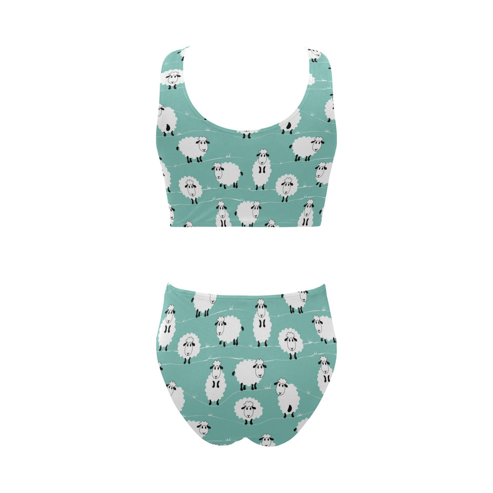 Cute sheep green background Chest Bowknot High Waisted Bikini Swimsuit