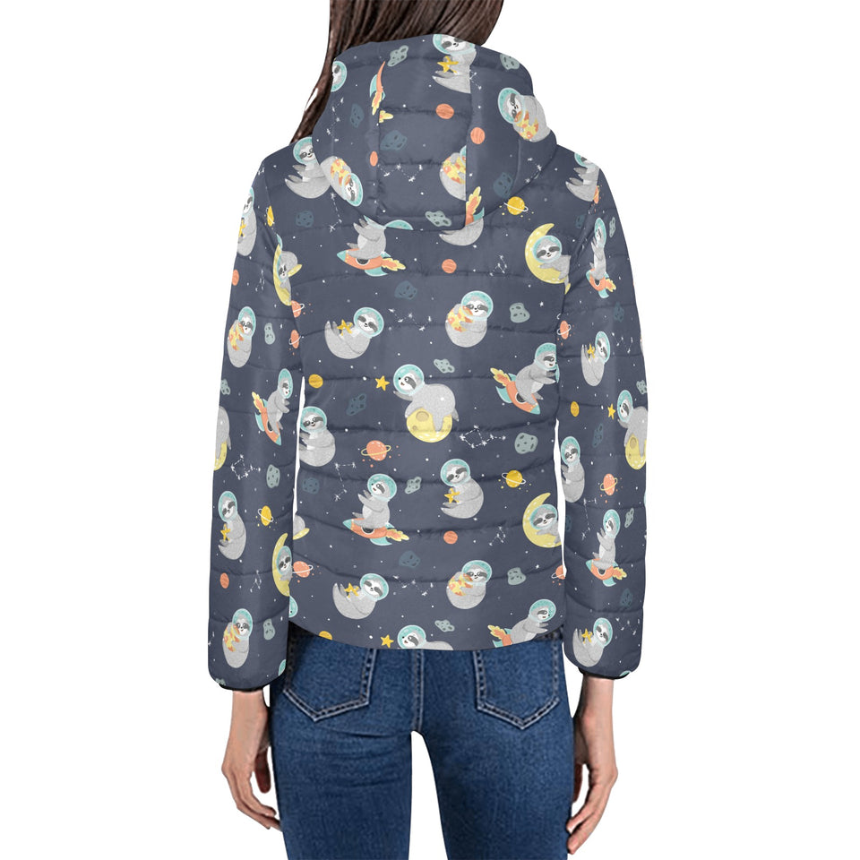 Cute sloth astronaut star planet rocket pattern Women's Padded Hooded Jacket