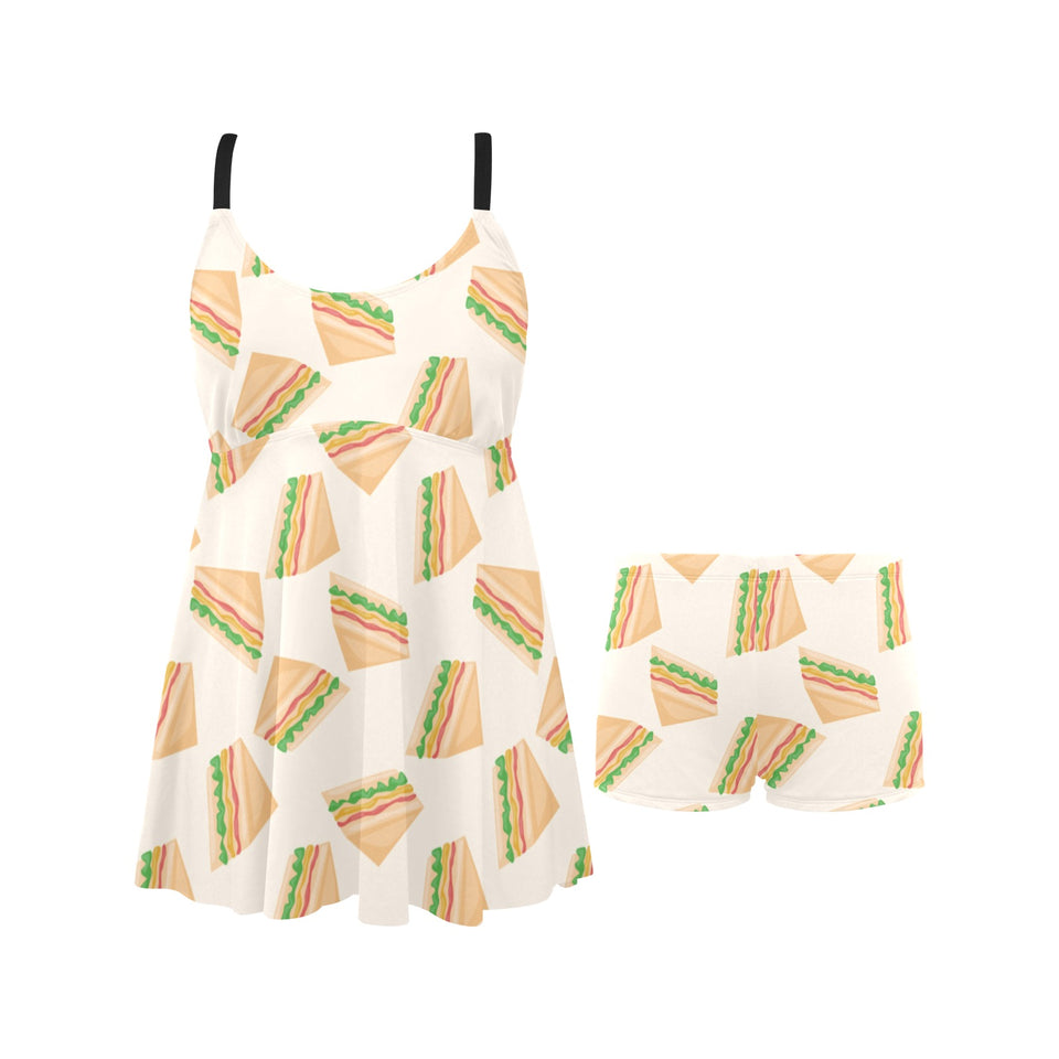 Sandwich Pattern Print Design 01 Chest Sexy Pleated Two Piece Swim Dress