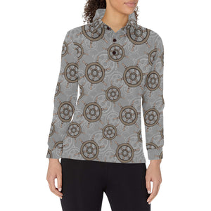 nautical wood steering wheel pattern Women's Long Sleeve Polo Shirt