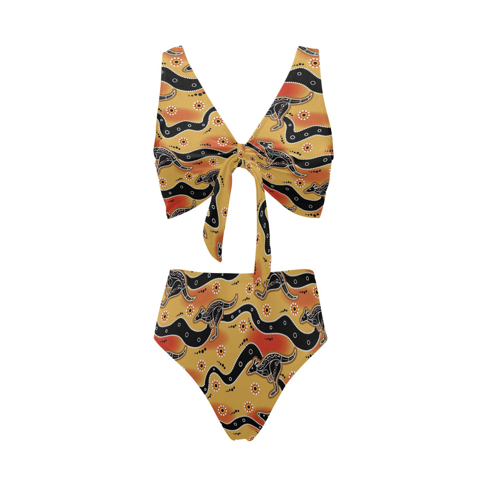 Kangaroo Australian aboriginal art pattern Chest Bowknot High Waisted Bikini Swimsuit