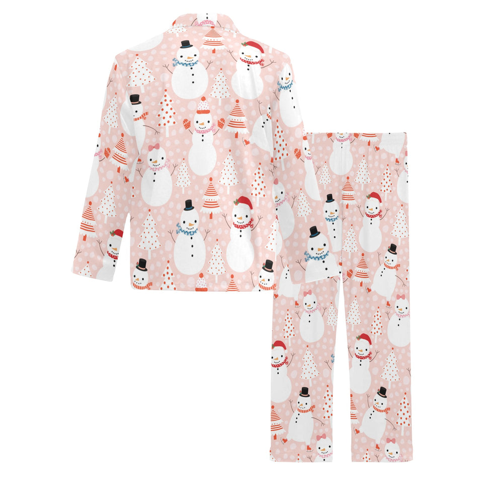 Cute snowman christmas tree snowpink background Men's Long Pajama Set