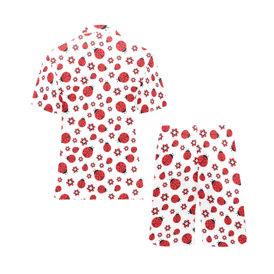 Ladybug Pattern Print Design 04 Men's V-Neck Short Pajama Set