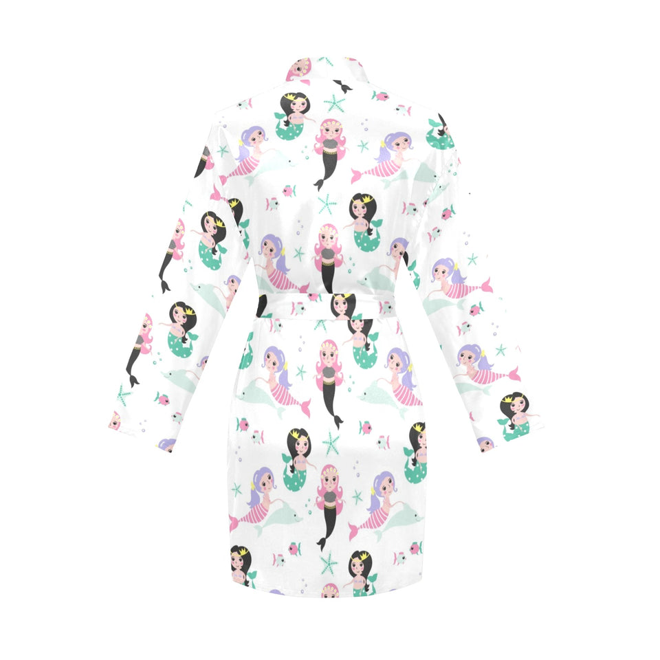cute mermaid dolphin fish starfish pattern Women's Long Sleeve Belted Night Robe