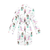 cute mermaid dolphin fish starfish pattern Women's Long Sleeve Belted Night Robe