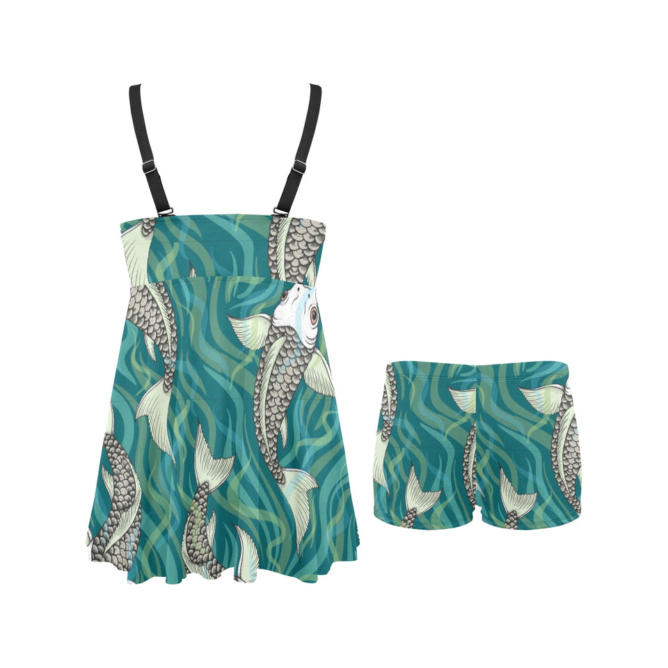 Koi Fish Carp Fish lotus pattern Chest Sexy Pleated Two Piece Swim Dress