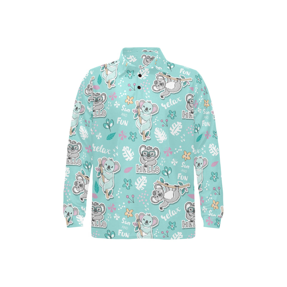 Cute koalas blue background pattern Men's Long Sleeve Polo Shirt