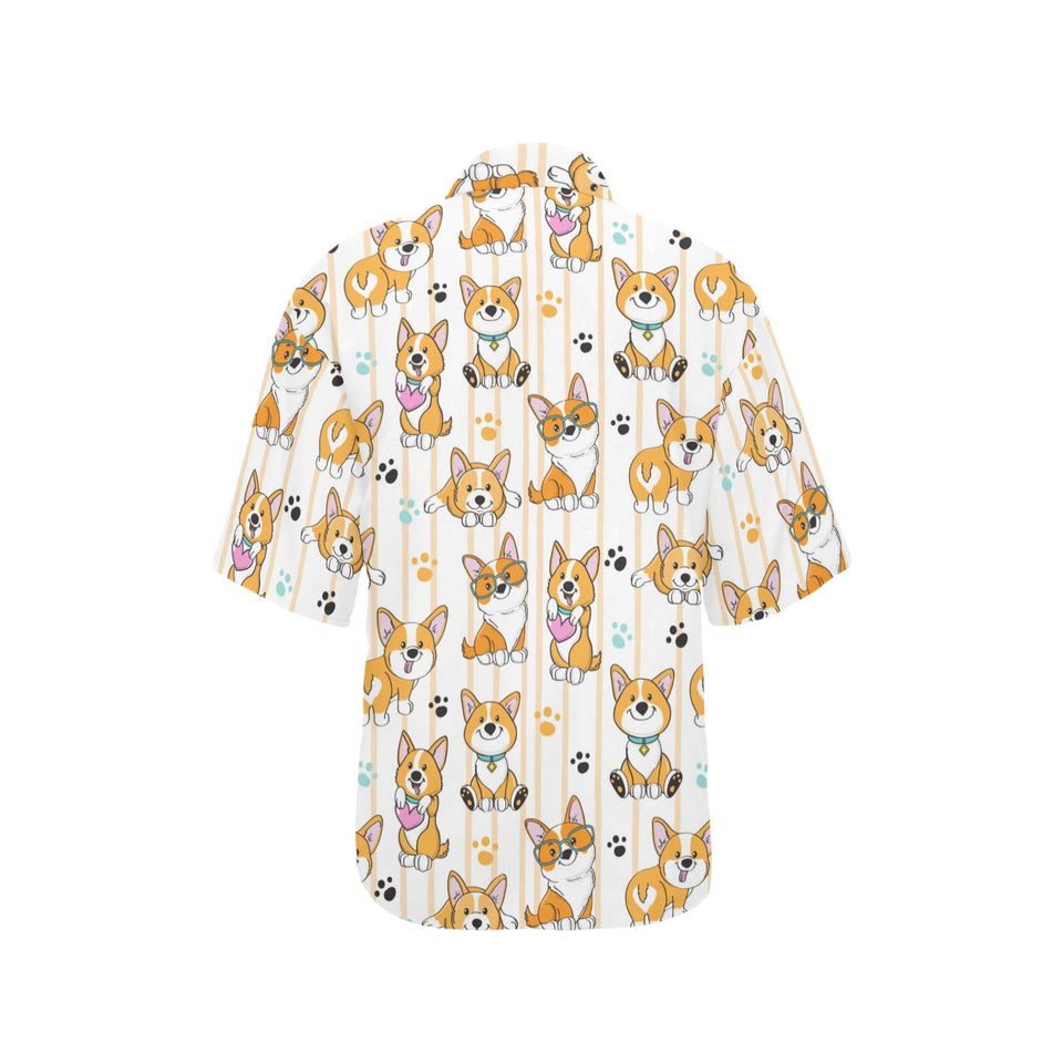 Cute dog corgi striped background pattern Women's All Over Print Hawaiian Shirt