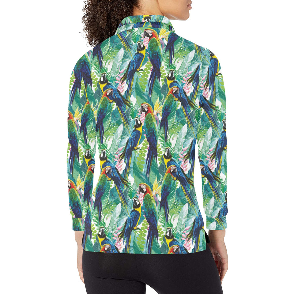 Colorful parrot exotic flower leaves Women's Long Sleeve Polo Shirt