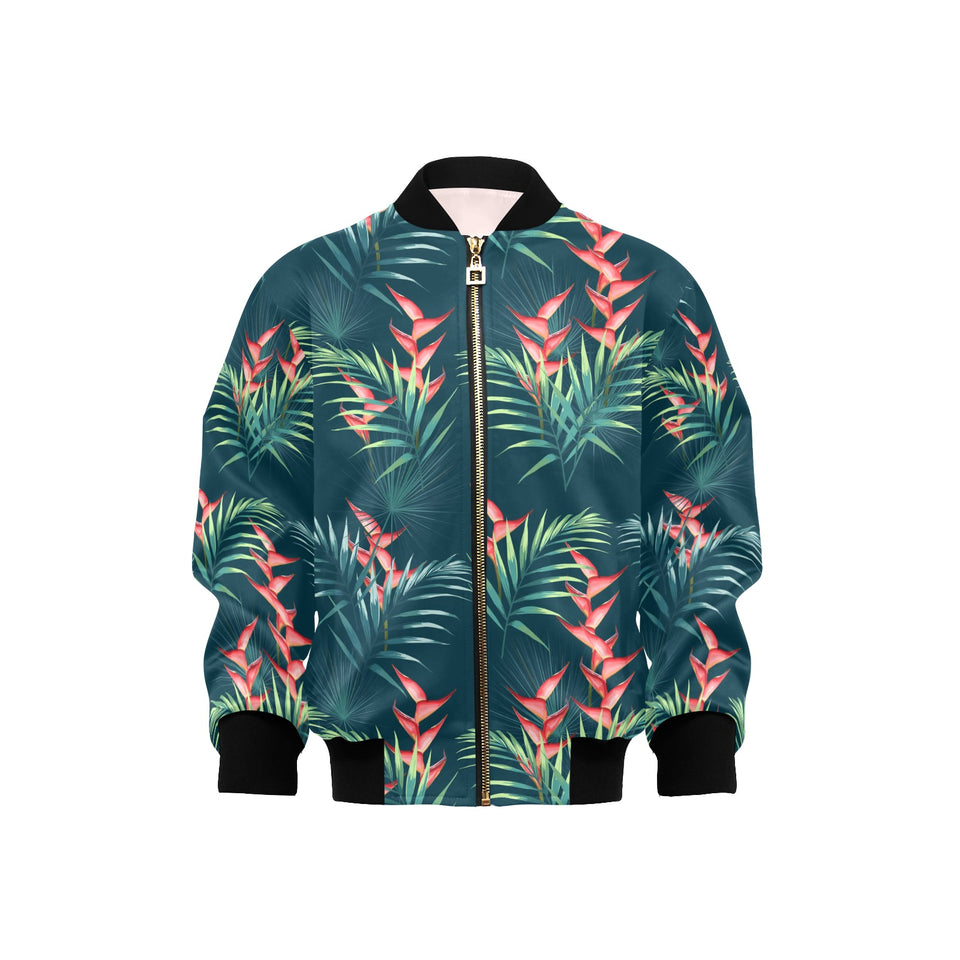 heliconia flowers, palm and monstera leaves on bla Kids' Boys' Girls' Bomber Jacket