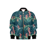 heliconia flowers, palm and monstera leaves on bla Kids' Boys' Girls' Bomber Jacket