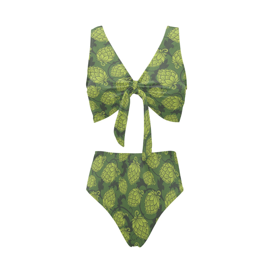 Hop pattern Hop cone background Chest Bowknot High Waisted Bikini Swimsuit