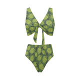 Hop pattern Hop cone background Chest Bowknot High Waisted Bikini Swimsuit