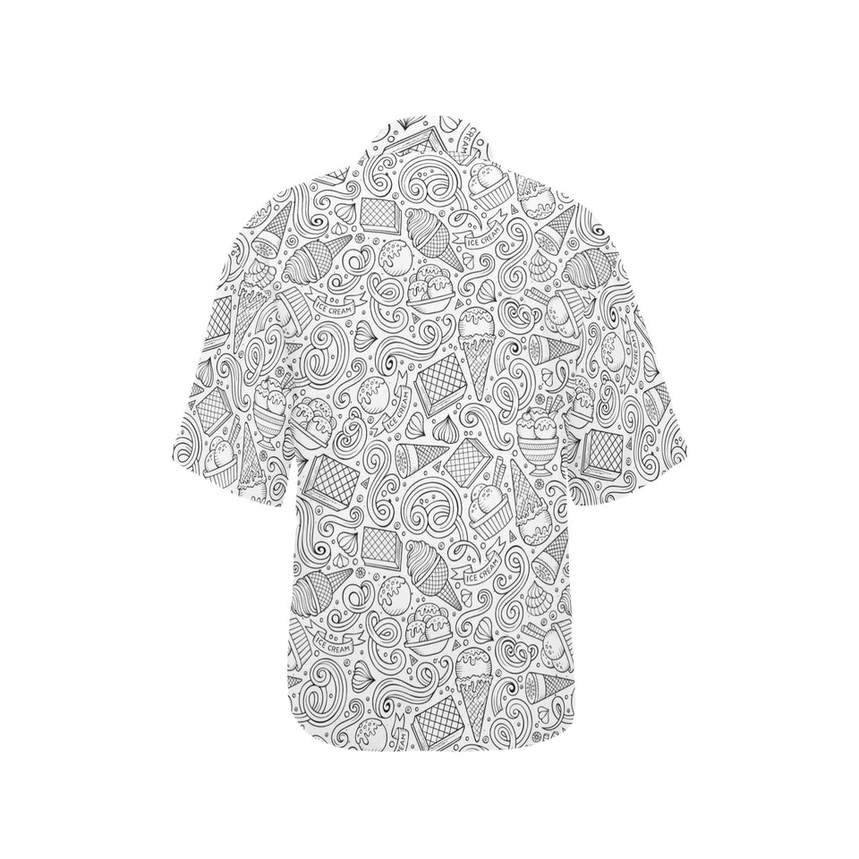 Cartoon hand drawn ice cream black white Women's All Over Print Hawaiian Shirt