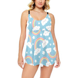 Cute rainbow clound star pattern blue background Chest Sexy Pleated Two Piece Swim Dress