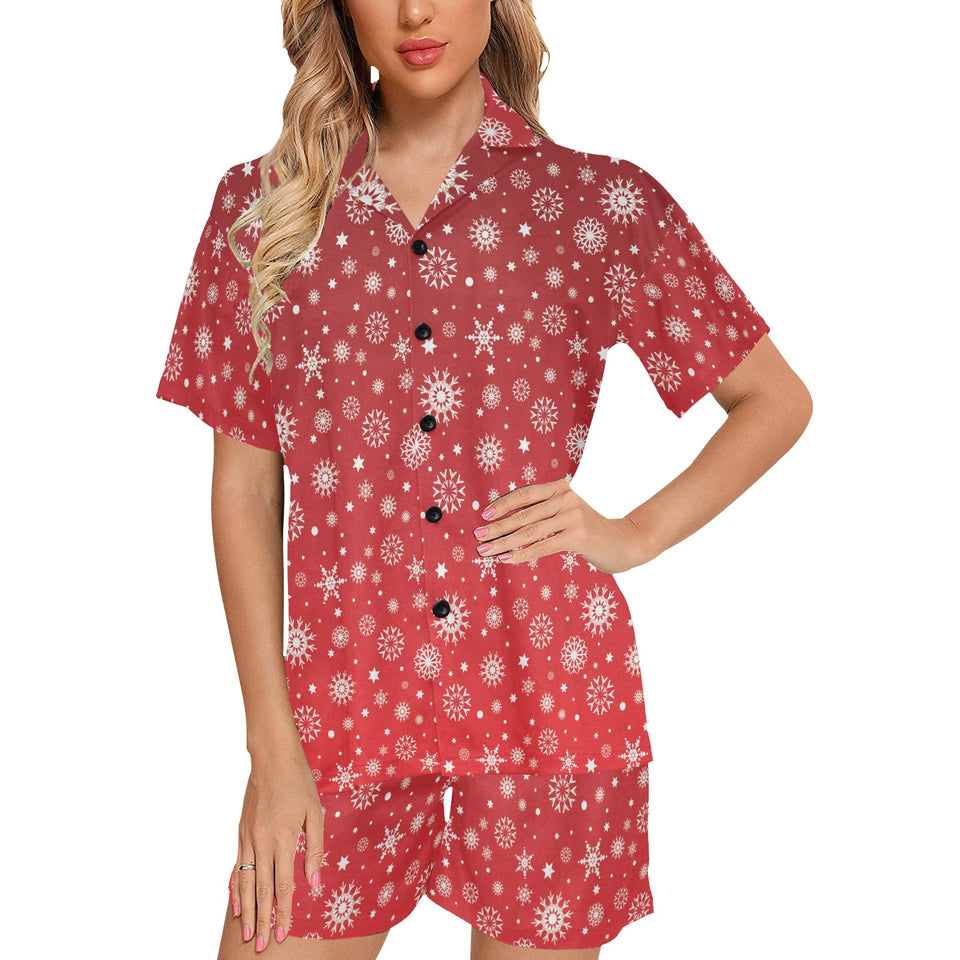 Snowflake pattern red background Women's V-Neck Short Pajama Set