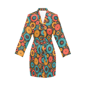 Gear Pattern Print Design 01 Women's Long Sleeve Belted Night Robe