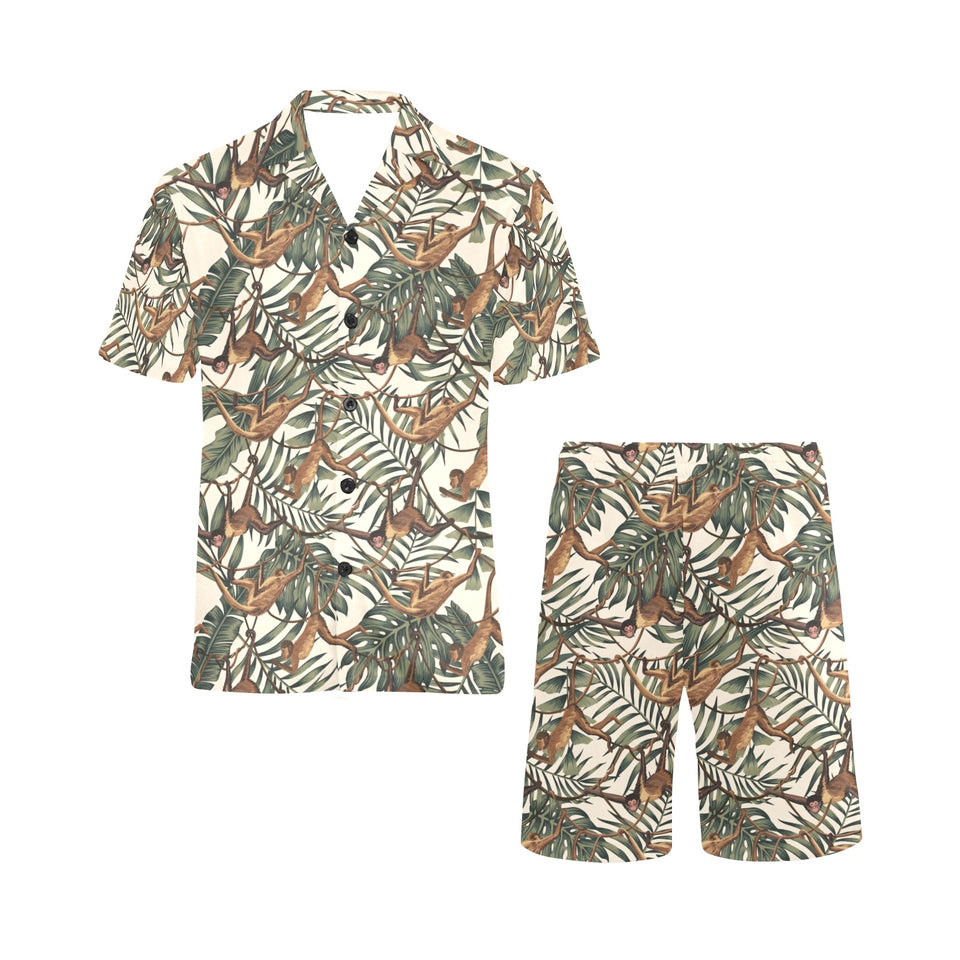 Monkey tropical leaves background Men's V-Neck Short Pajama Set