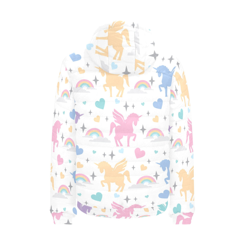colorful unicorn rainbow heart pattern Men's Padded Hooded Jacket