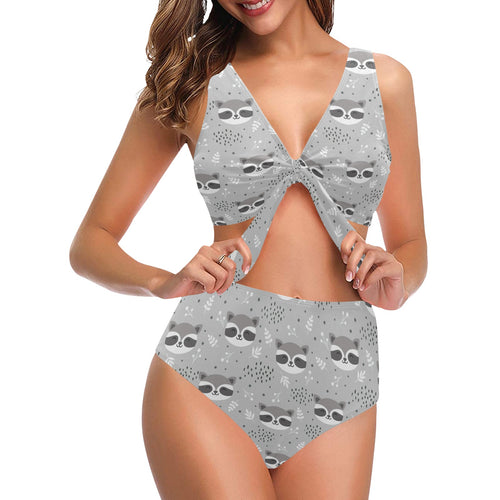 Cute raccoons leaves dot Chest Bowknot High Waisted Bikini Swimsuit