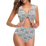 Cute raccoons leaves dot Chest Bowknot High Waisted Bikini Swimsuit