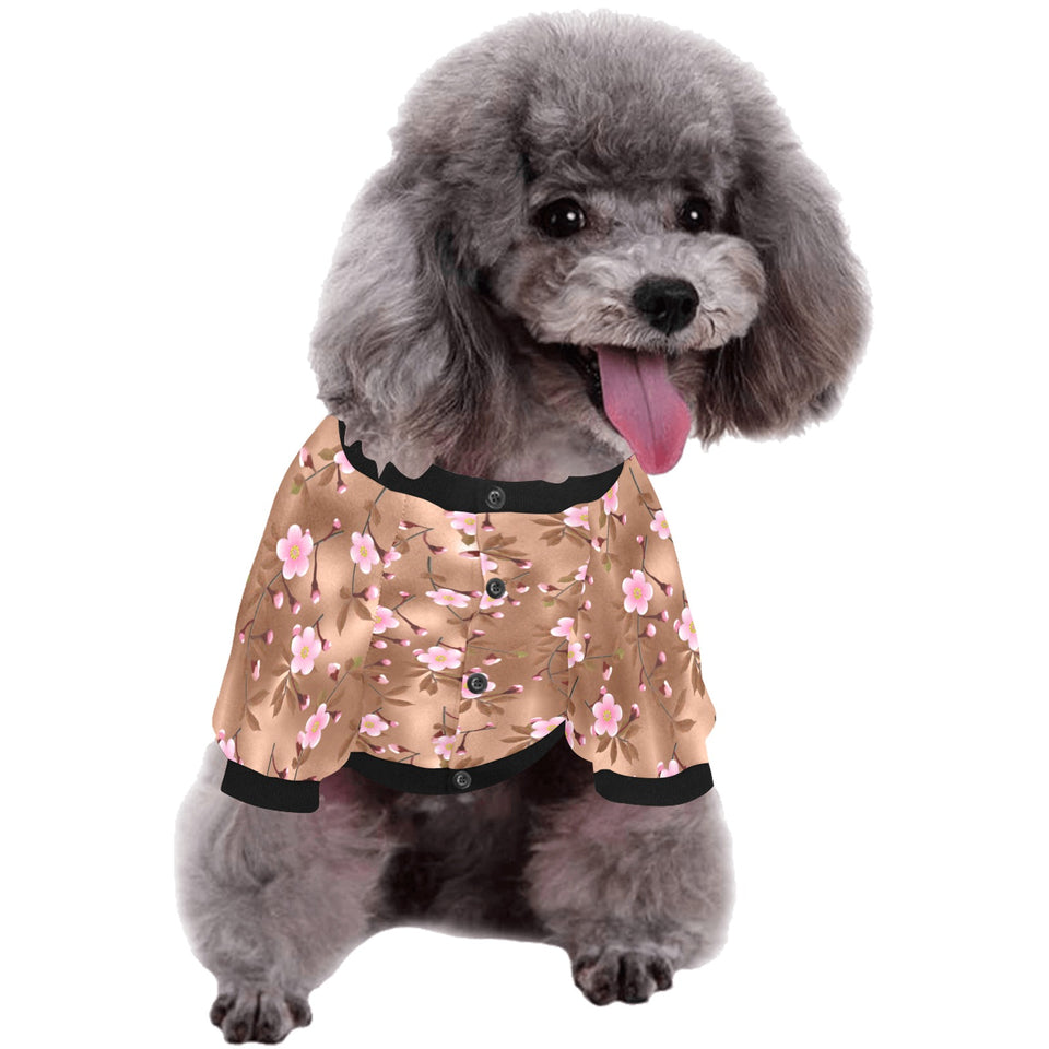 Pink sakura cherry blossom drak brown background All Over Print Pet Dog Round Neck Fuzzy Shirt