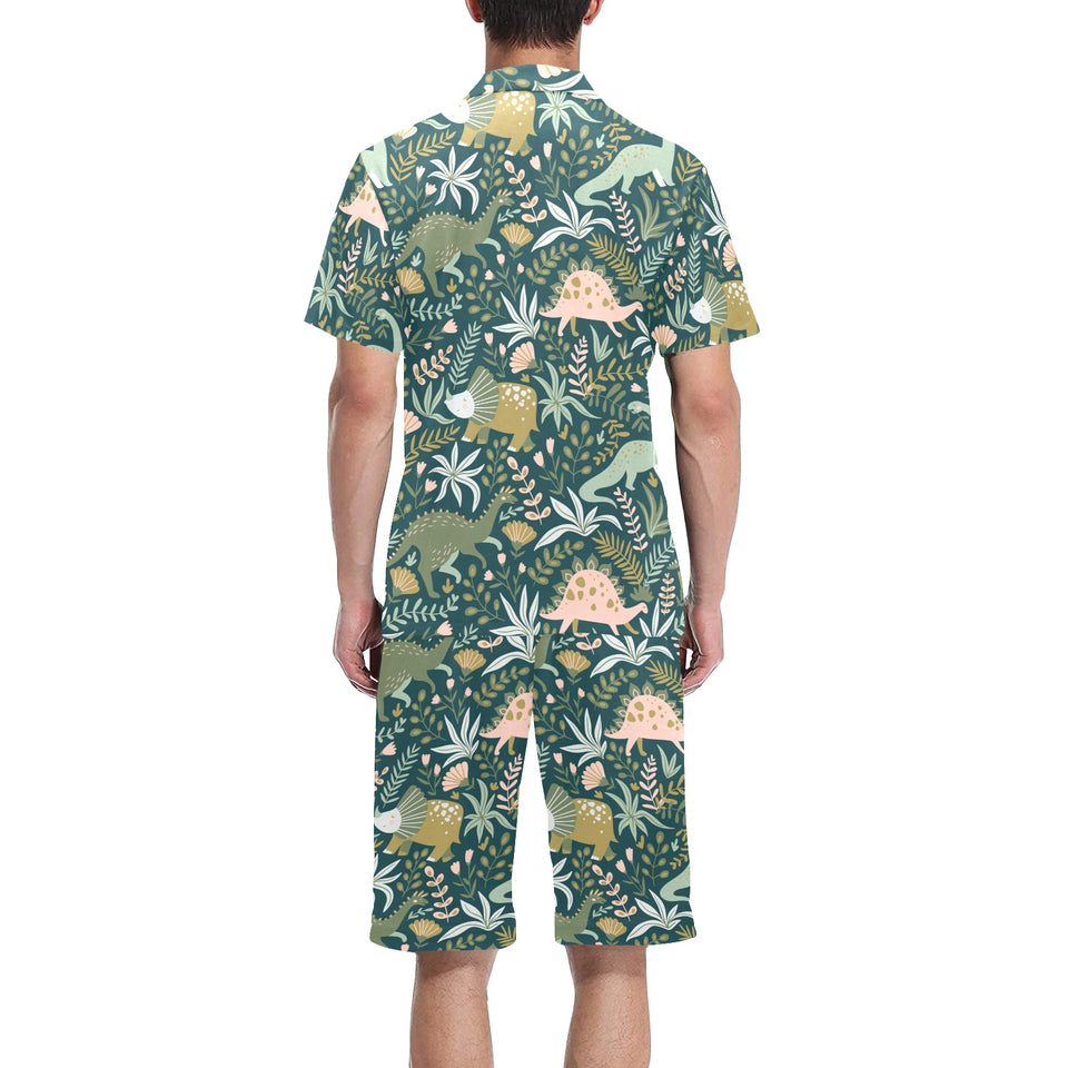 dinosaurs tropical leaves flower pattern Men's V-Neck Short Pajama Set