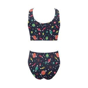 colorful space pattern planet star Chest Bowknot High Waisted Bikini Swimsuit