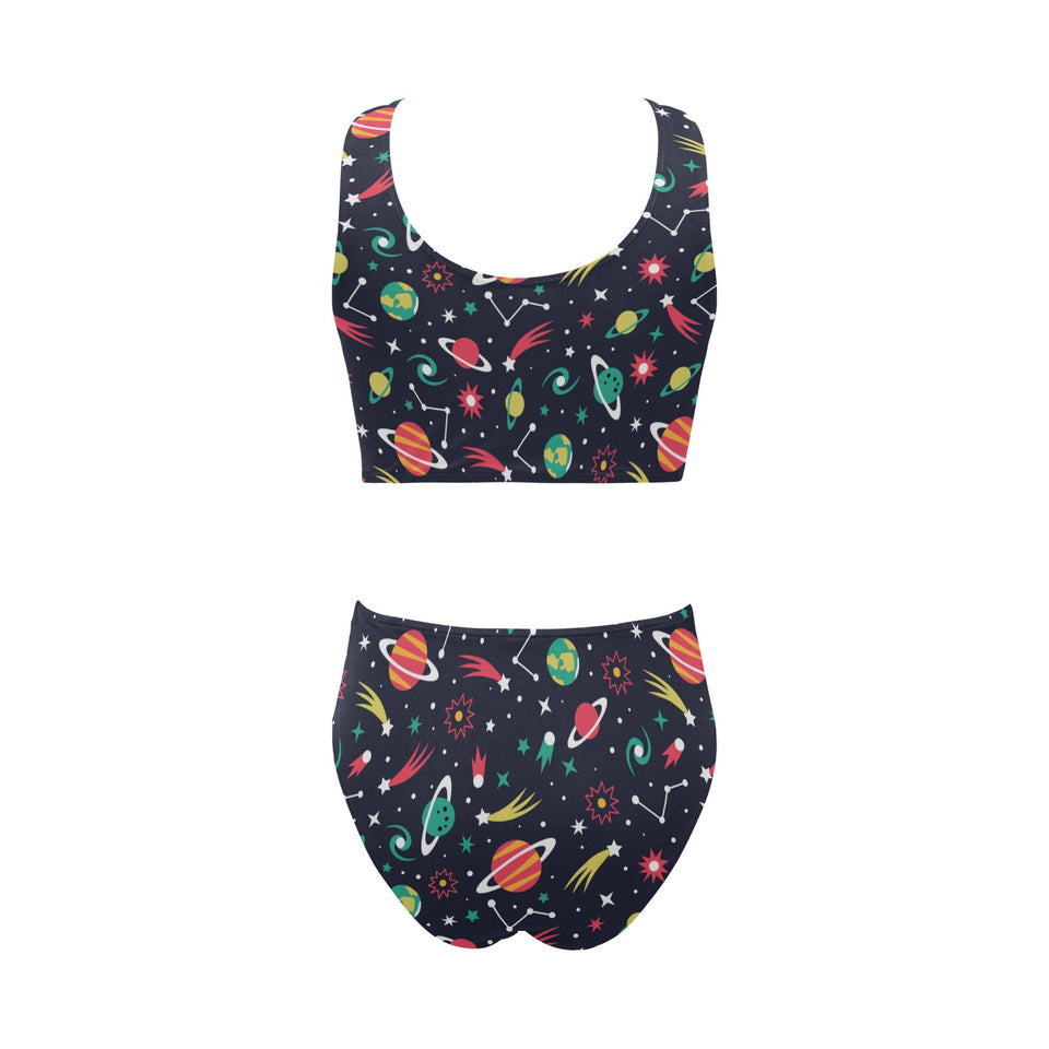 colorful space pattern planet star Chest Bowknot High Waisted Bikini Swimsuit