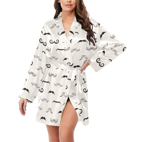 Mustache Beard Pattern Print Design 05 Women's Long Sleeve Belted Night Robe