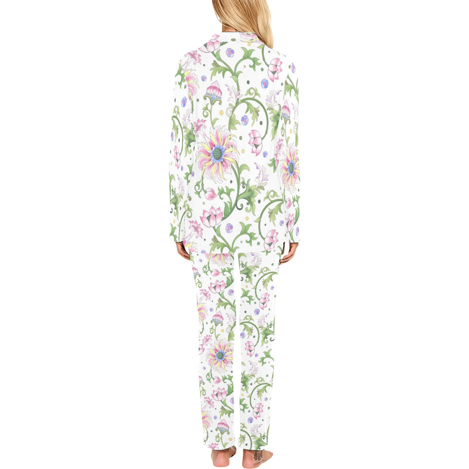 Beautiful pink lotus waterlily leaves pattern Women's Long Pajama Set