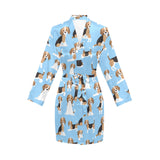 Beagle dog blue background pattern Women's Long Sleeve Belted Night Robe