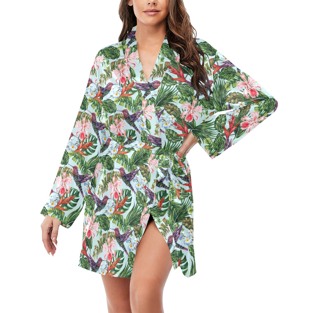 Hummingbird Pattern Print Design 05 Women's Long Sleeve Belted Night Robe