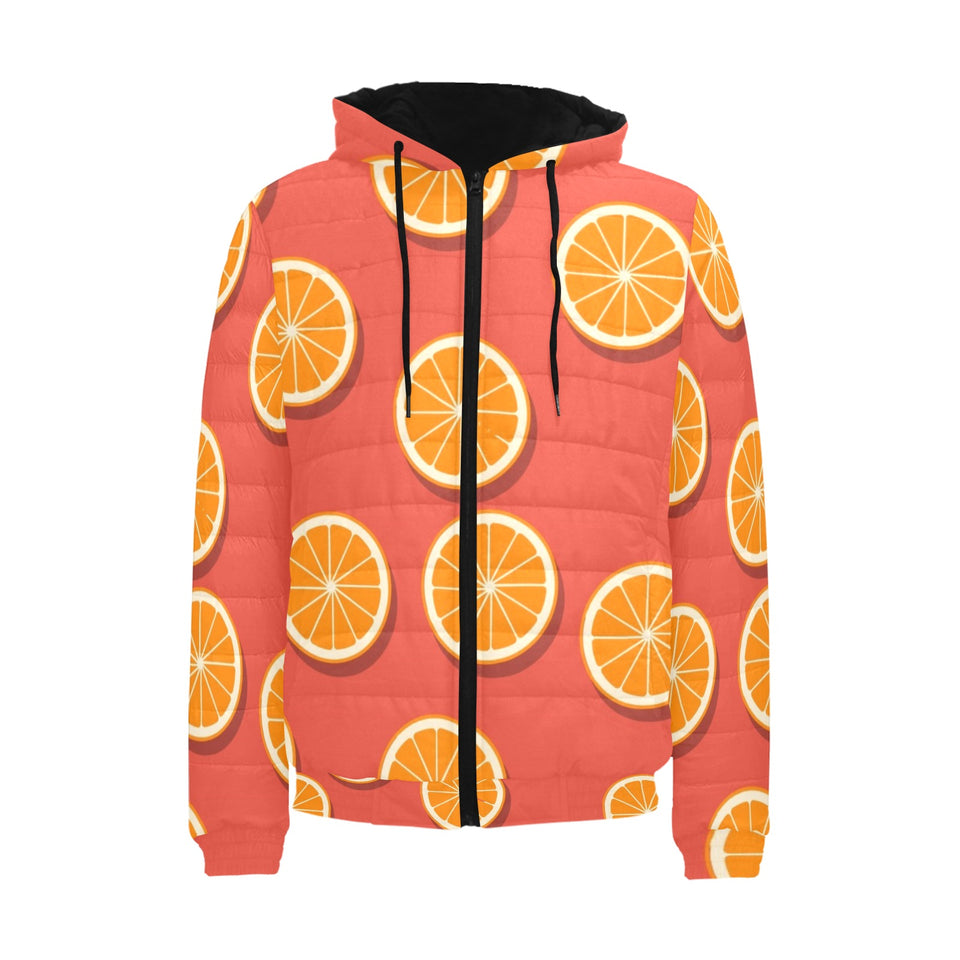 Oranges pattern red background Men's Padded Hooded Jacket