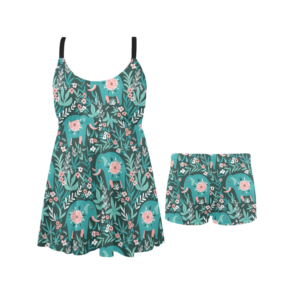 Elephants jungle pattern Chest Sexy Pleated Two Piece Swim Dress
