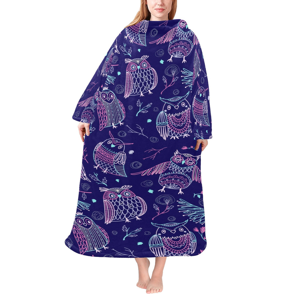 Cute owls pattern boho style ornament Blanket Robe with Sleeves