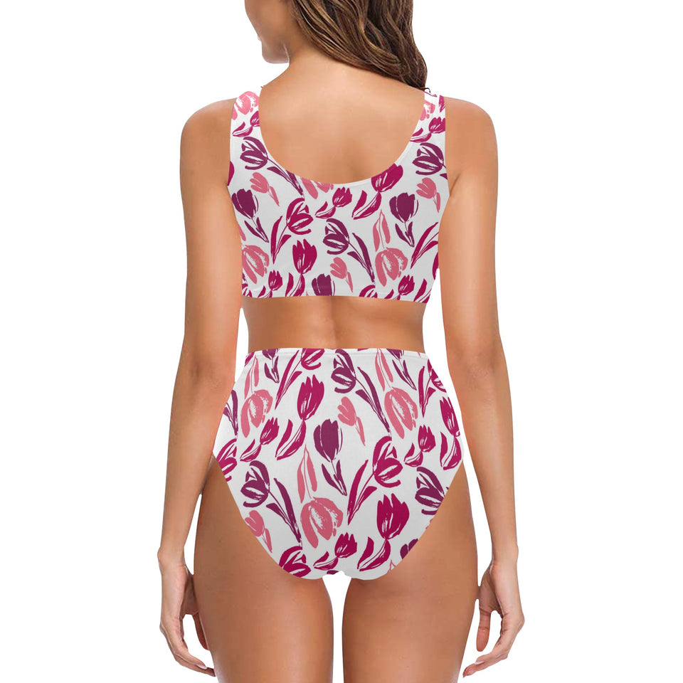 pink sketch tulip pattern Chest Bowknot High Waisted Bikini Swimsuit