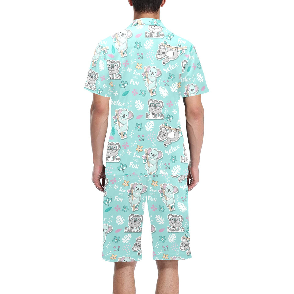 Cute koalas blue background pattern Men's V-Neck Short Pajama Set