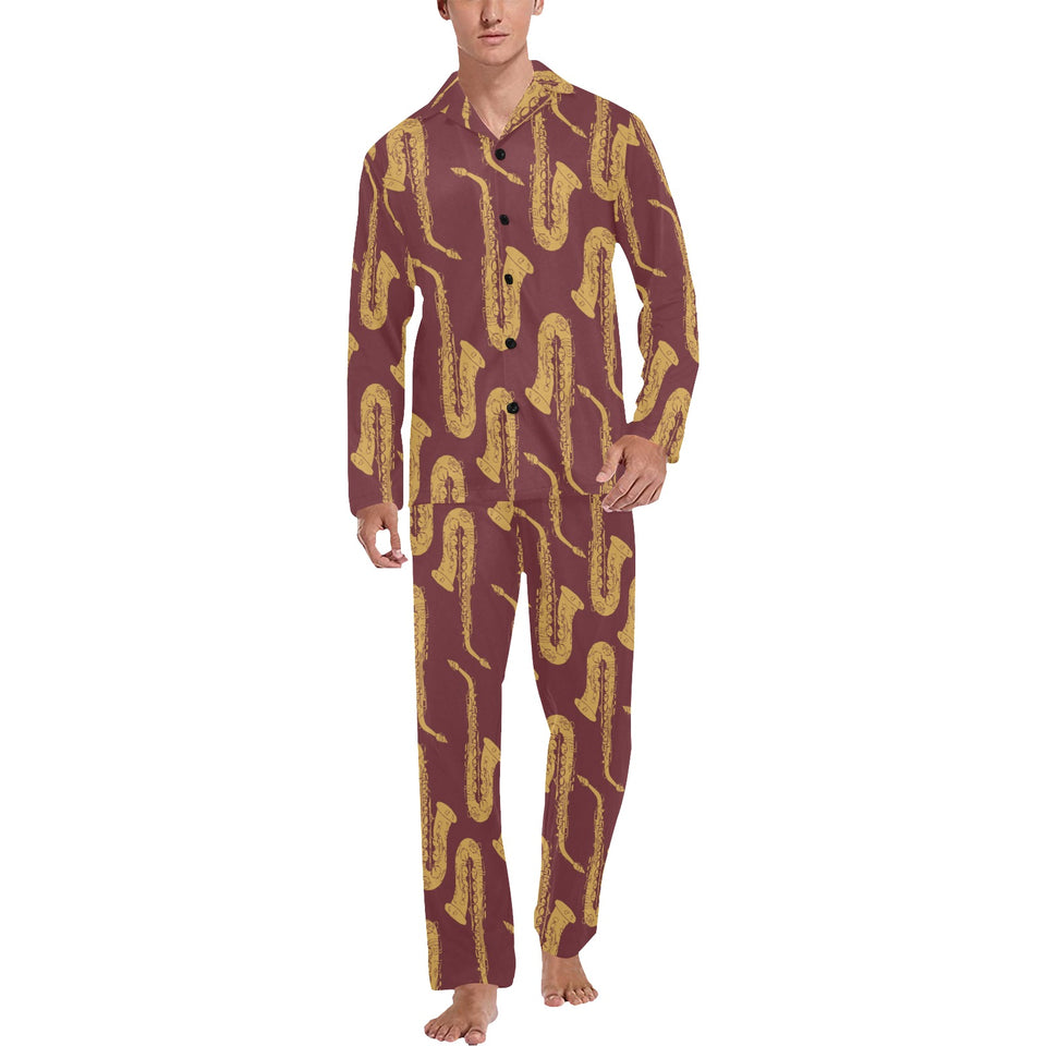Hand drawn gold saxophone red background Men's Long Pajama Set