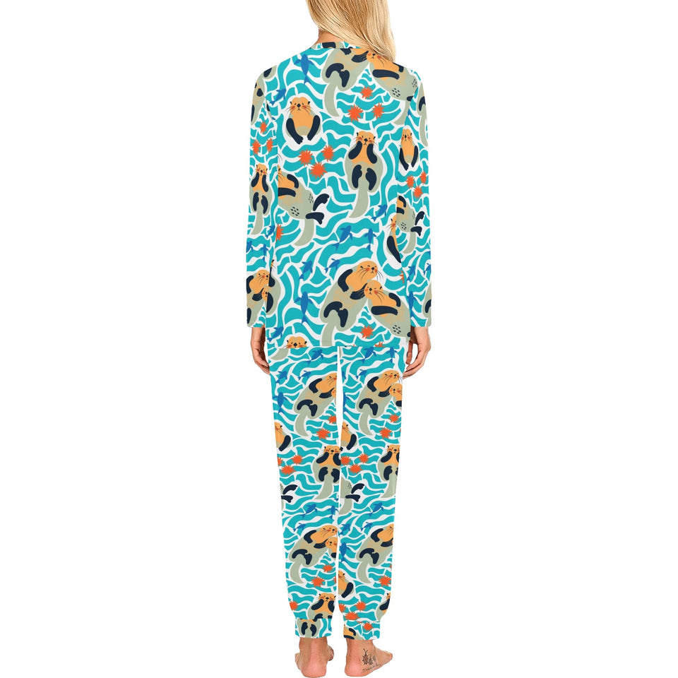 Cute sea otters fishe sea urchin pattern Women's All Over Print Pajama Set
