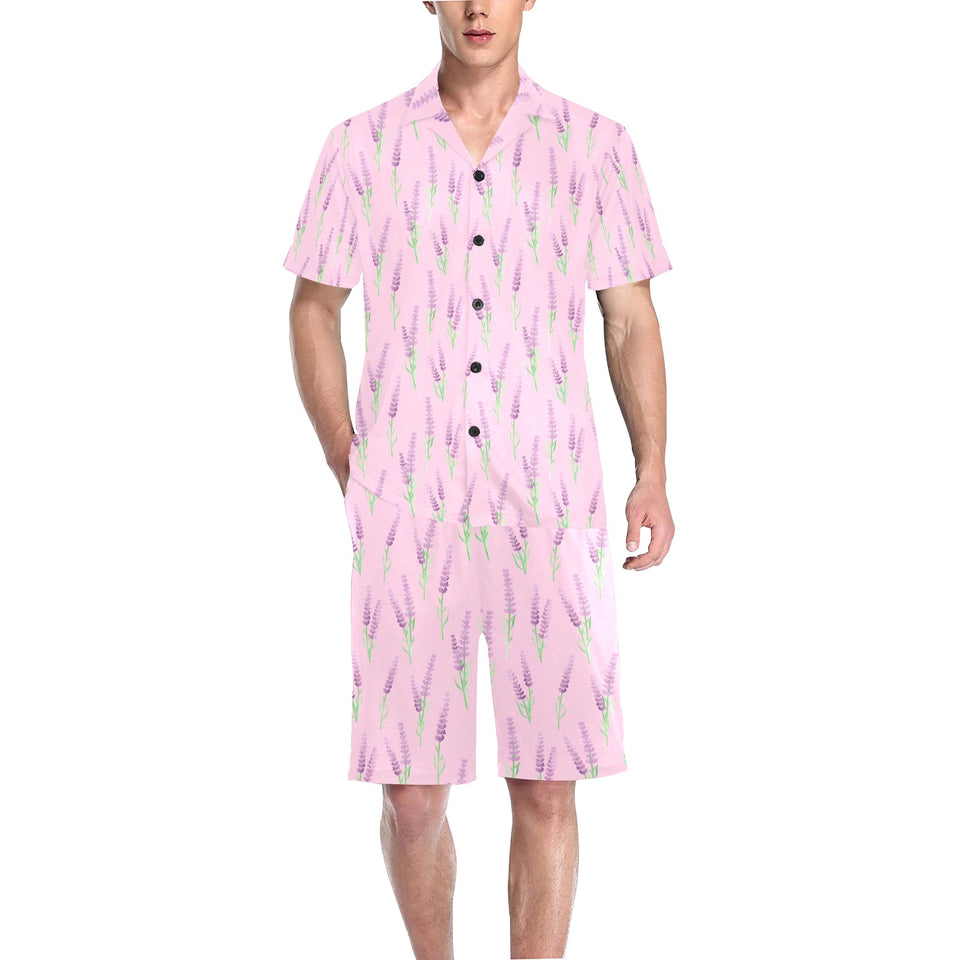 Lavender pattern pink background Men's V-Neck Short Pajama Set