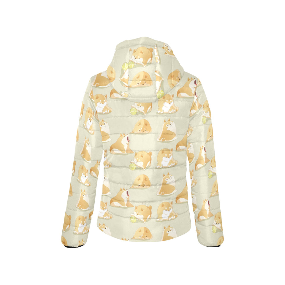 Cute fat shiba inu dog pattern Women's Padded Hooded Jacket