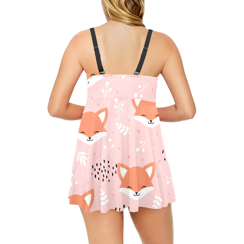 Cute fox pattern pink background Chest Sexy Pleated Two Piece Swim Dress