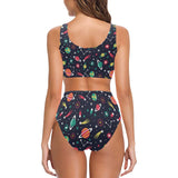 colorful space pattern planet star Chest Bowknot High Waisted Bikini Swimsuit