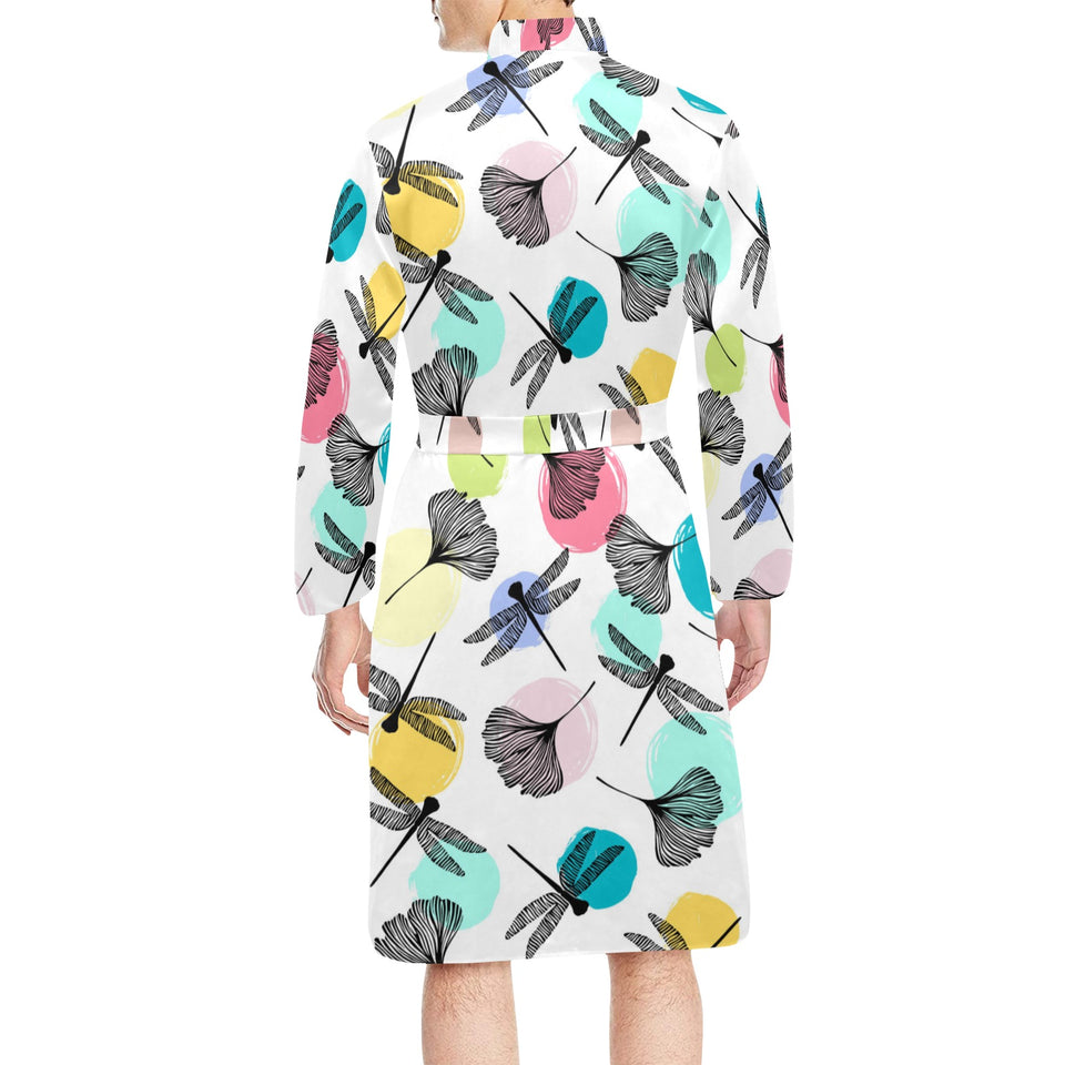 Dragonflies ginkgo leaves pattern Men's Long Sleeve Belted Night Robe